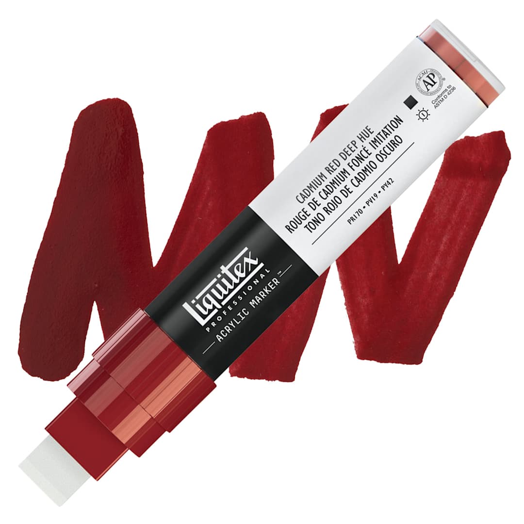 Open in modal - Liquitex Paint Marker - Cadmium Red Deep Hue, 15mm Tip marker and swatch