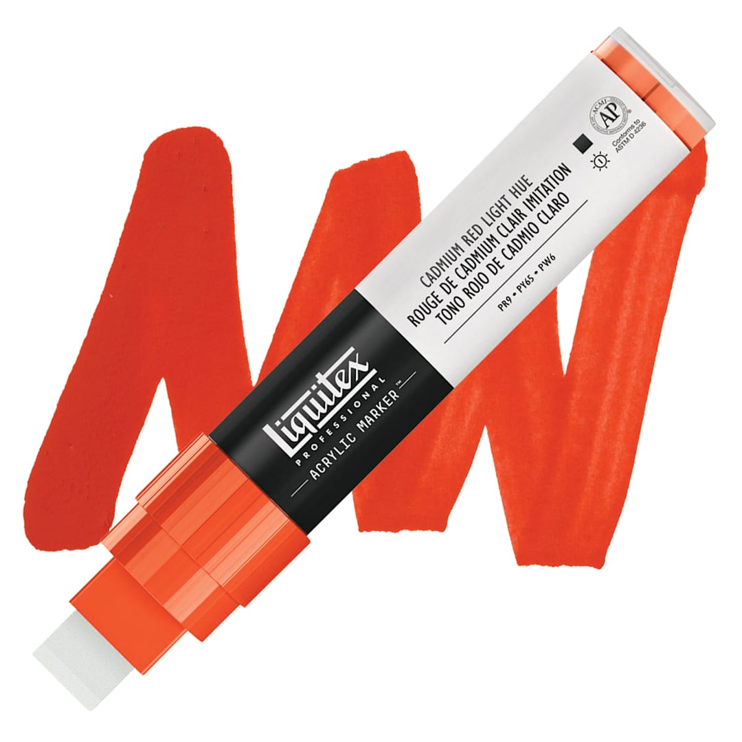 Open in modal - Liquitex Paint Marker - Cadmium Red Light Hue, 15mm Tip marker and swatch