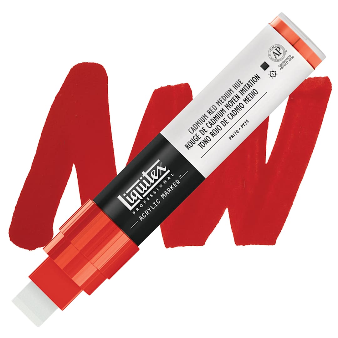 Open in modal - Liquitex Paint Marker - Cadmium Red Medium Hue, 15mm Tip marker and swatch
