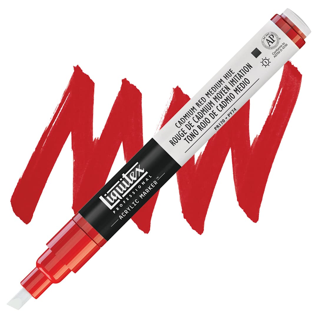 Open in modal - Liquitex Paint Marker - Cadmium Red Medium Hue, 2mm Tip marker and swatch