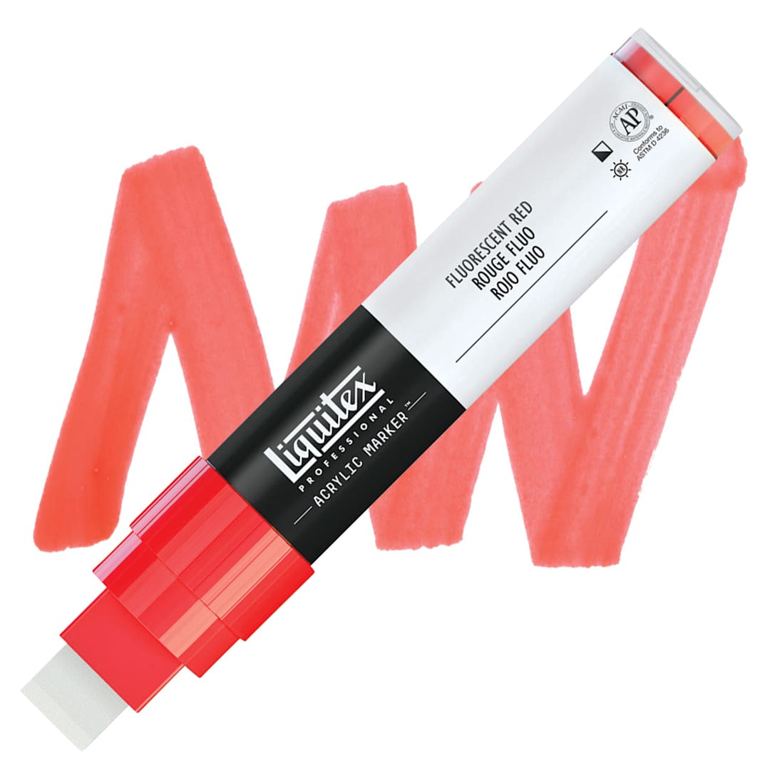 Open in modal - Liquitex Paint Marker - Fluorescent Red, 15mm Tip marker and swatch