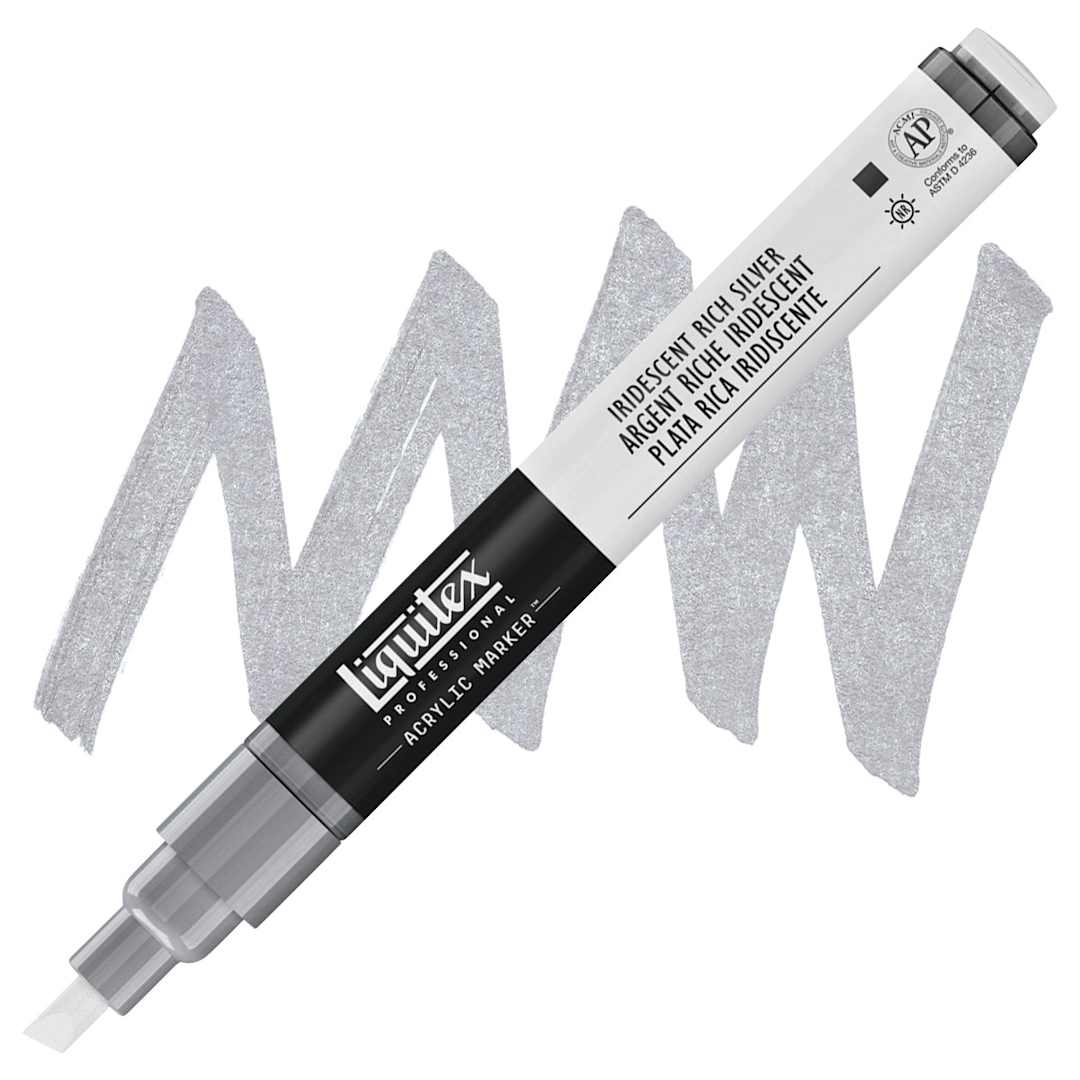Open in modal - Liquitex Paint Marker - Iridescent Rich Silver, 2mm Tip marker and swatch