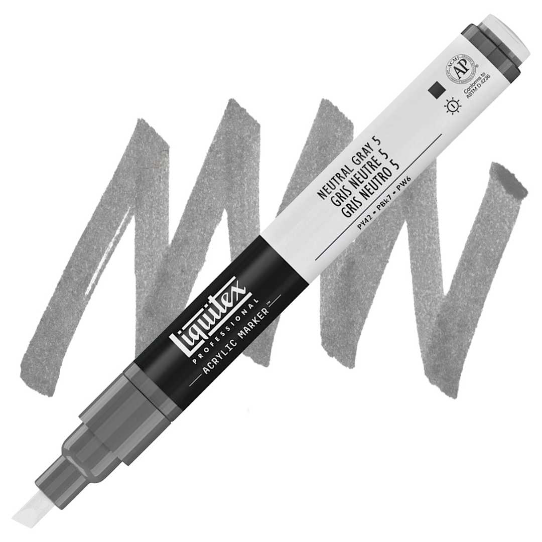 Open in modal - Liquitex Paint Marker - Neutral Gray 5, 2mm Tip marker and swatch
