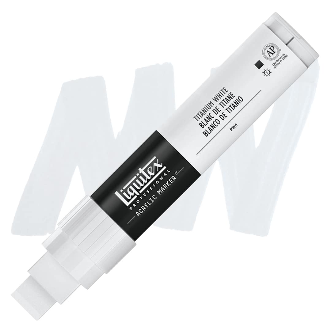 Open in modal - Liquitex Paint Marker - Titanium White, 15mm Tip marker and swatch