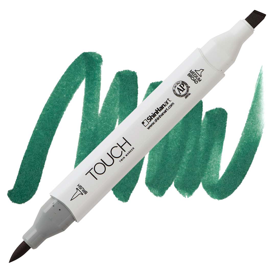 Open in modal - ShinHan Touch Twin Brush Marker - Deep Green BG51 marker and swatch