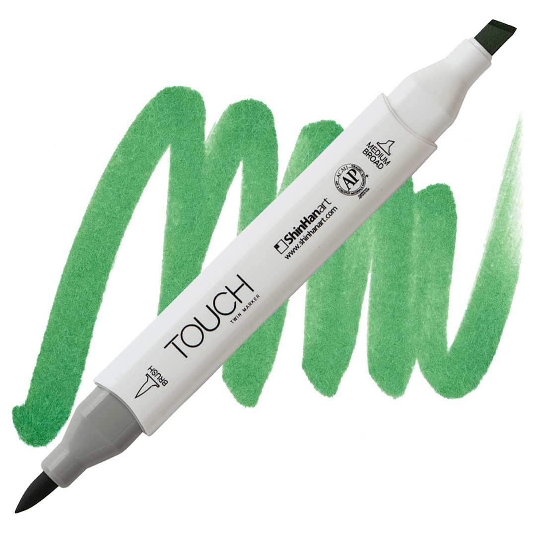 Open in modal - ShinHan Touch Twin Brush Marker - Vivid Green G46 marker and swatch