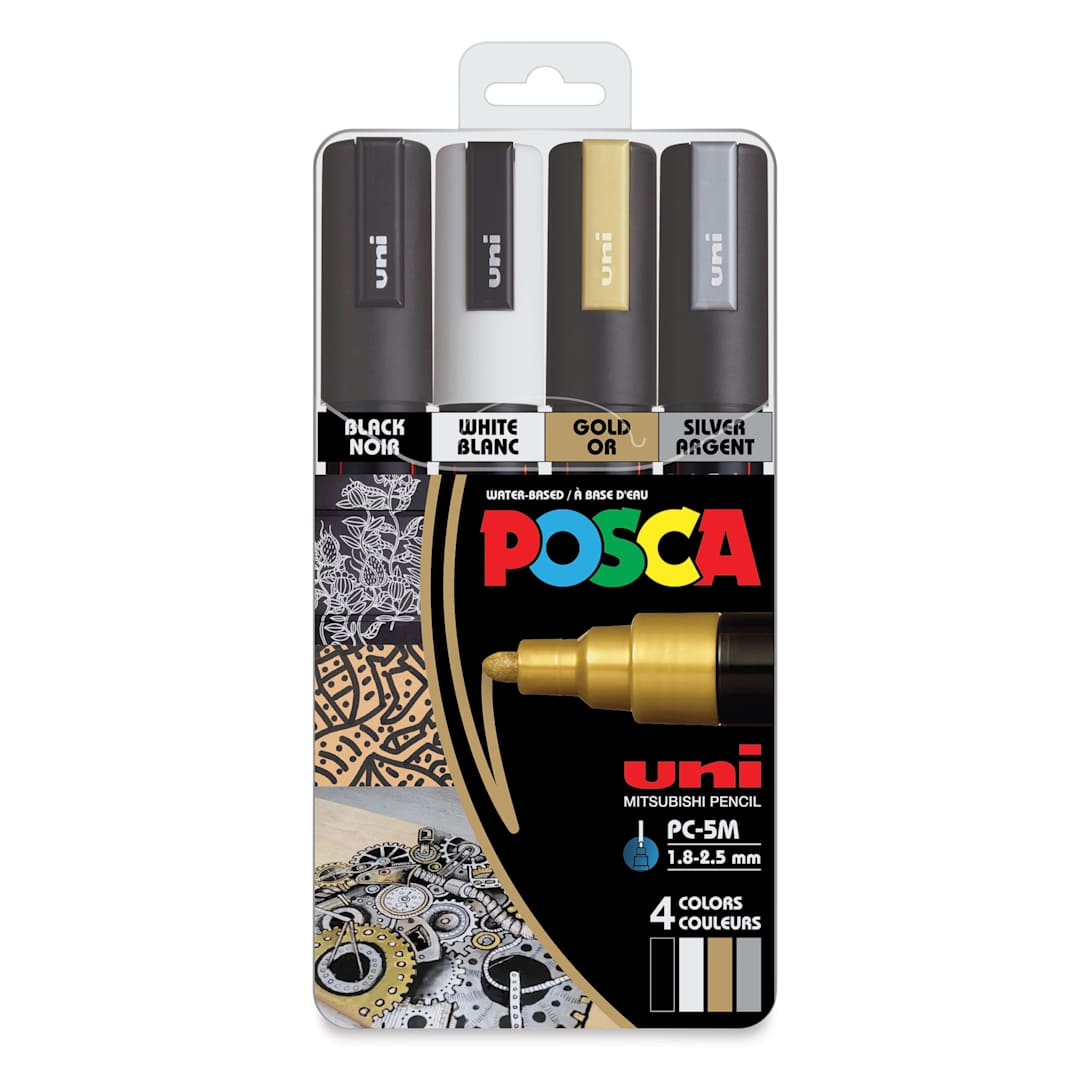 Open in modal - Posca Paint Markers - Set of 4, Assorted Colors, Medium Bullet Tip, 1.8 mm to 2.5 mm, front of packaging