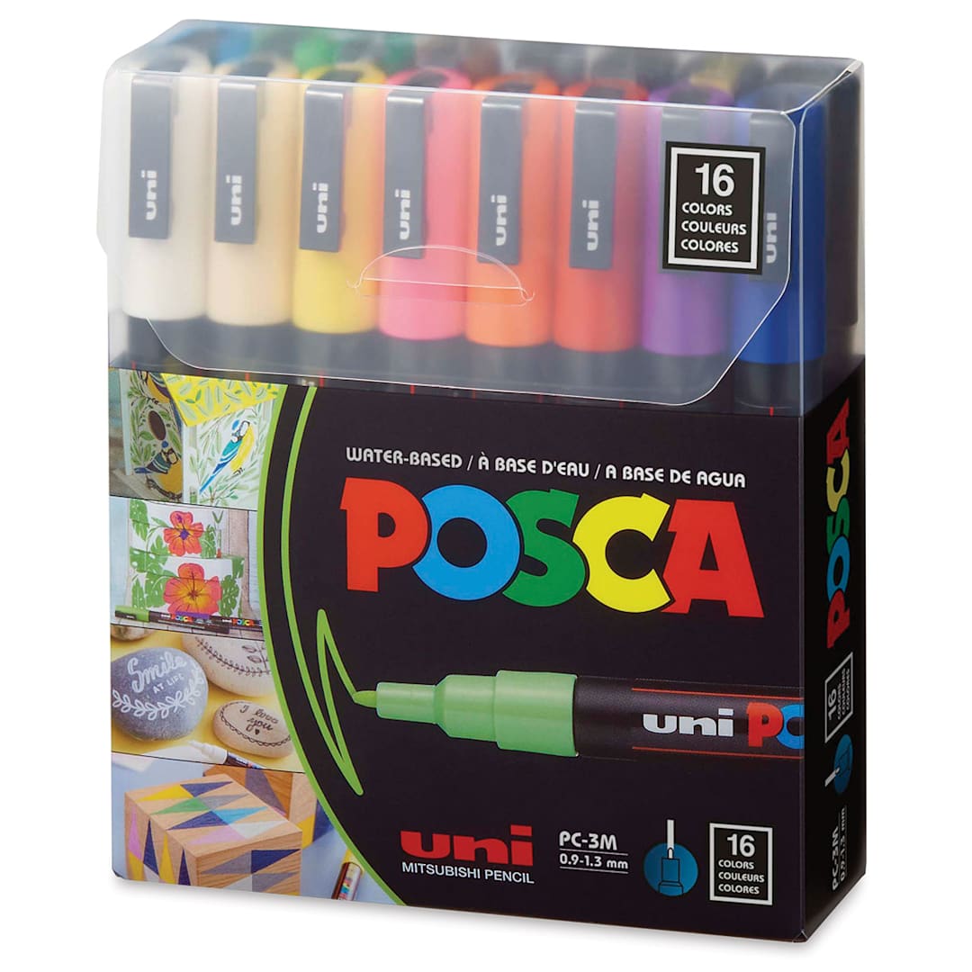 Open in modal - Uni Posca Paint Markers - Assorted Colors, Set of 16, Fine, Bullet Tip, 0.9 mm-1.3 mm - front of packaging