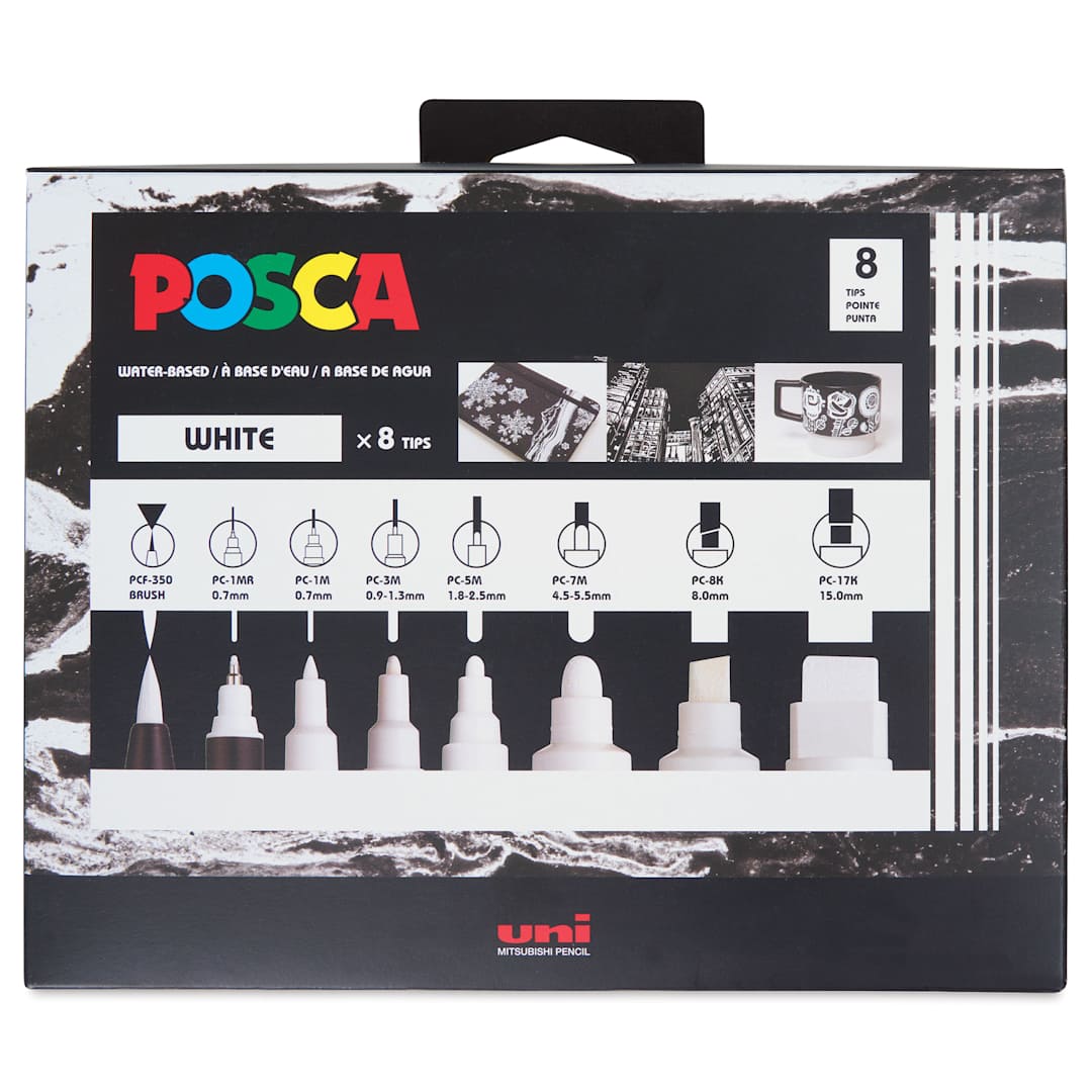 Open in modal - Uni Posca Paint Markers - White, Set of 8, Assorted Tips - front of packaging