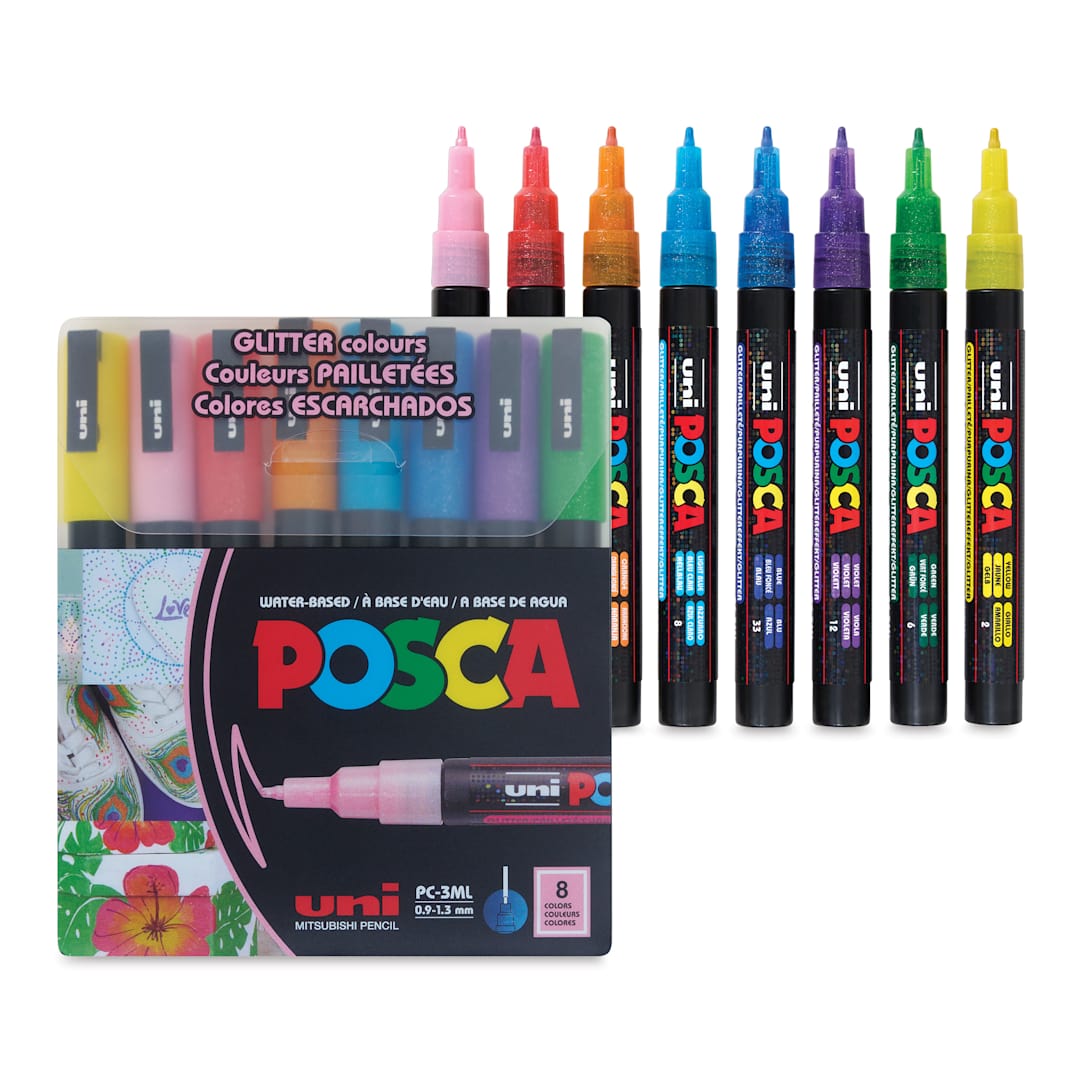 Open in modal - Posca Paint Markers - Set of 8 Assorted Colors, Medium Tip, 2.5 mm - packaging and open markers