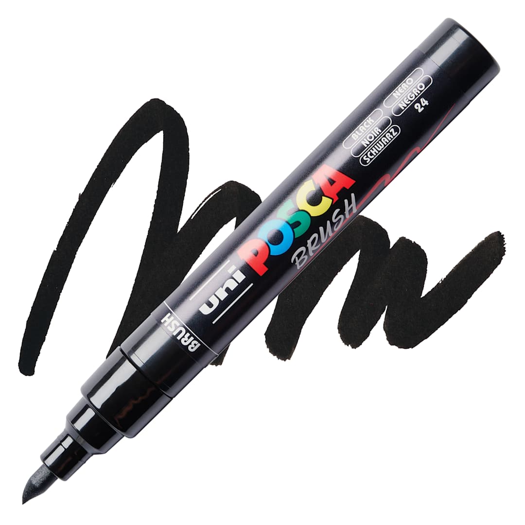 Open in modal - Posca Brush Paint Marker - Black, Brush Tip, swatch and marker