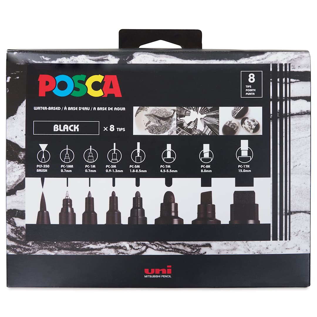 Open in modal - Posca Paint Marker - Black, Set of 8, Assorted Tips - front of packaging