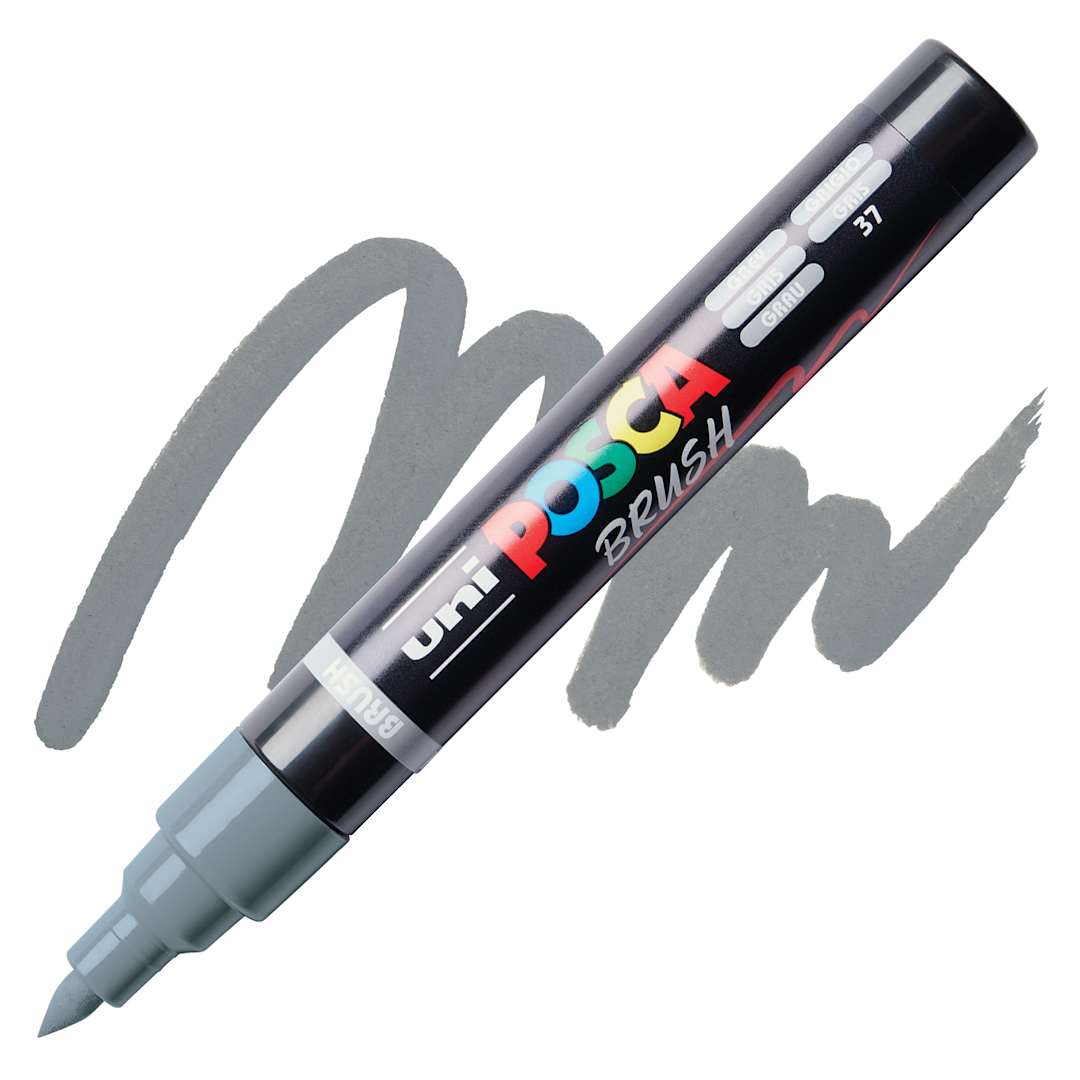 Open in modal - Posca Brush Paint Marker - Grey, Brush Tip, swatch and marker