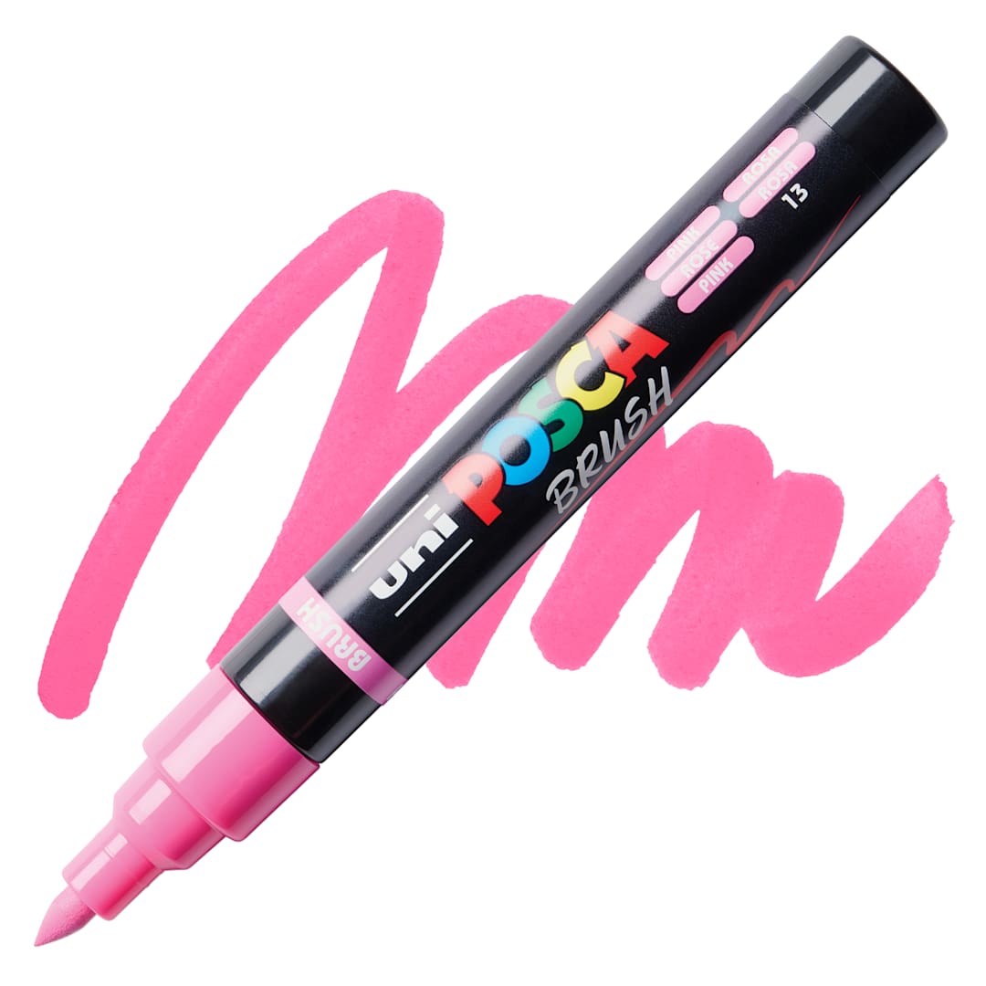 Open in modal - Posca Brush Paint Marker - Pink, Brush Tip, swatch and marker