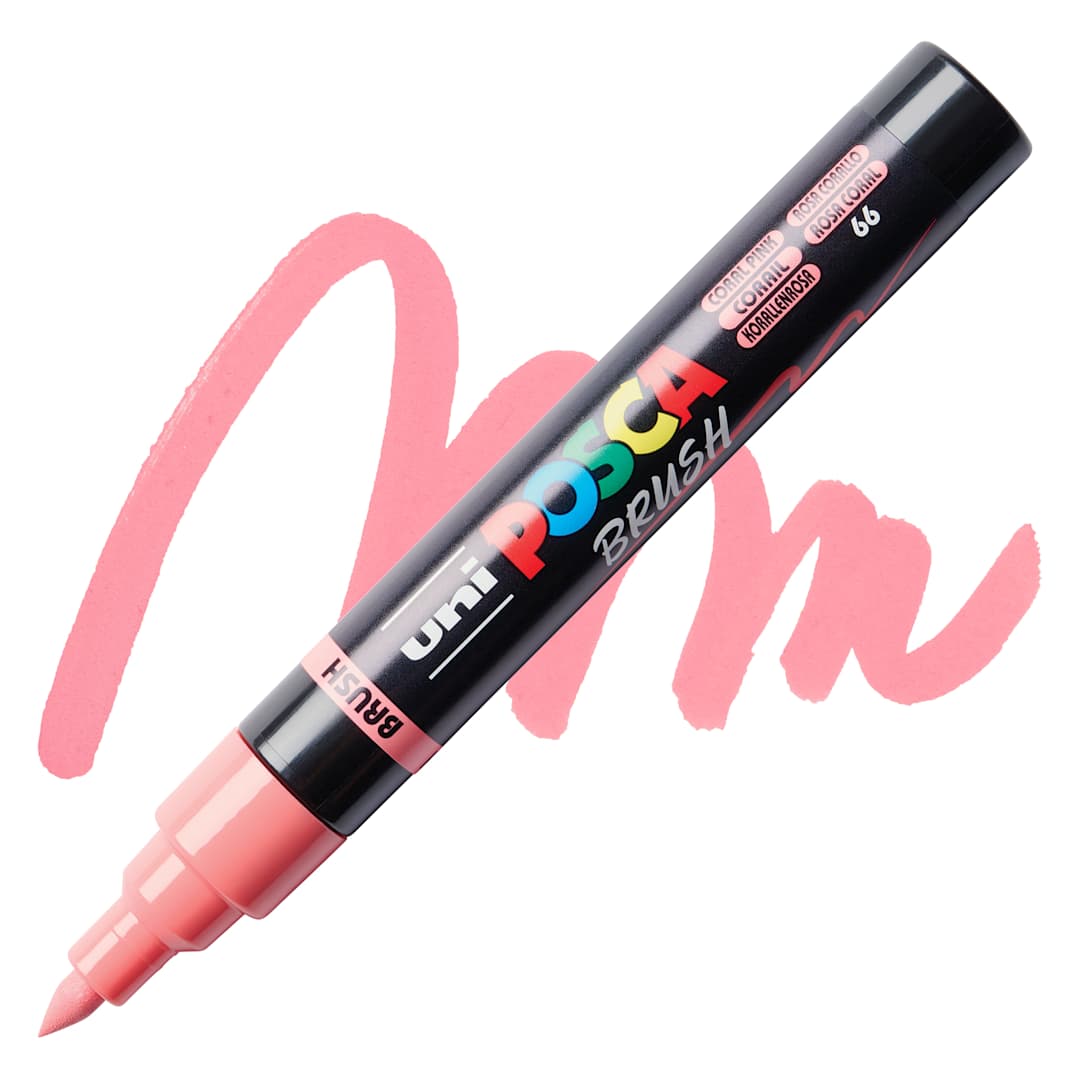 Open in modal - Posca Brush Paint Marker - Coral Pink, Brush Tip, swatch and marker