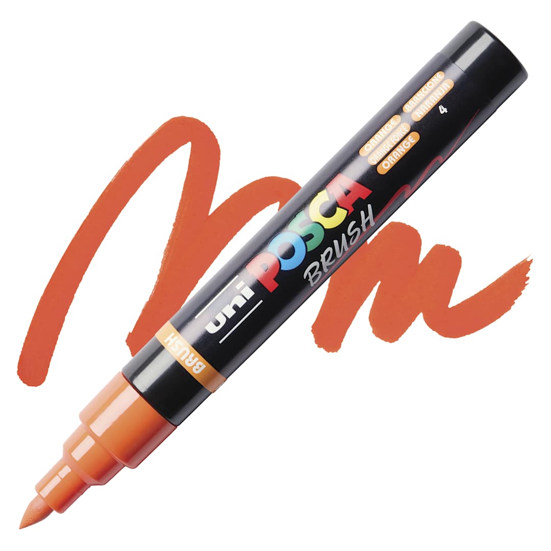 Open in modal - Posca Brush Paint Marker - Orange, Brush Tip, swatch and marker