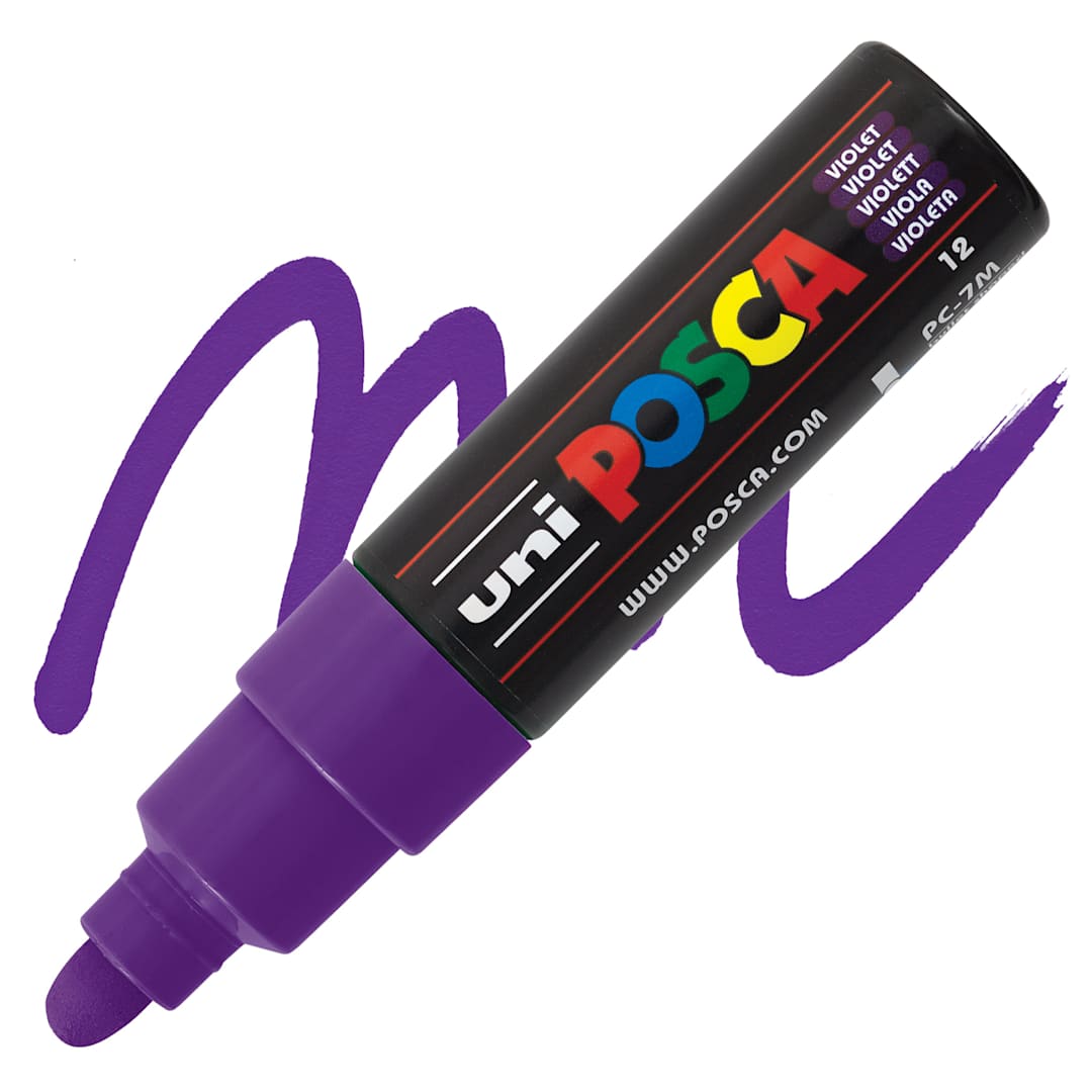 Open in modal - Uni Posca Paint Marker - Violet, Broad Bullet Tip, 4.5-5.5 mm marker and swatch