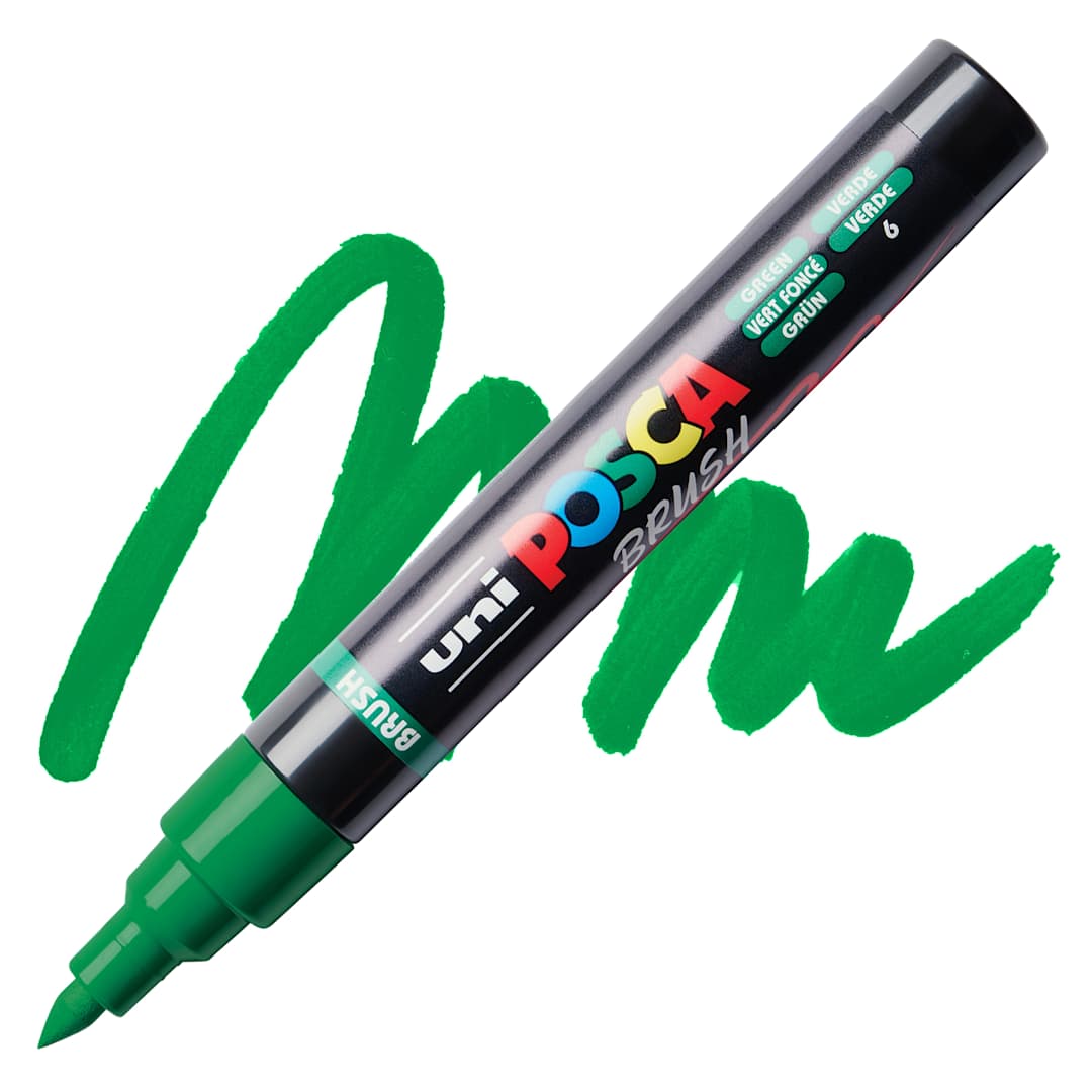 Open in modal - Posca Brush Paint Marker - Green, Brush Tip, swatch and marker