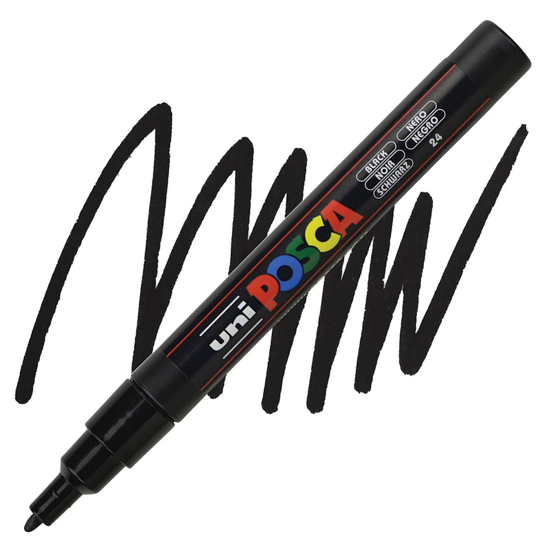 Open in modal - Posca Paint Marker - Black, Fine, Bullet Tip, 0.9 mm - 1.3 mm - marker and swatch