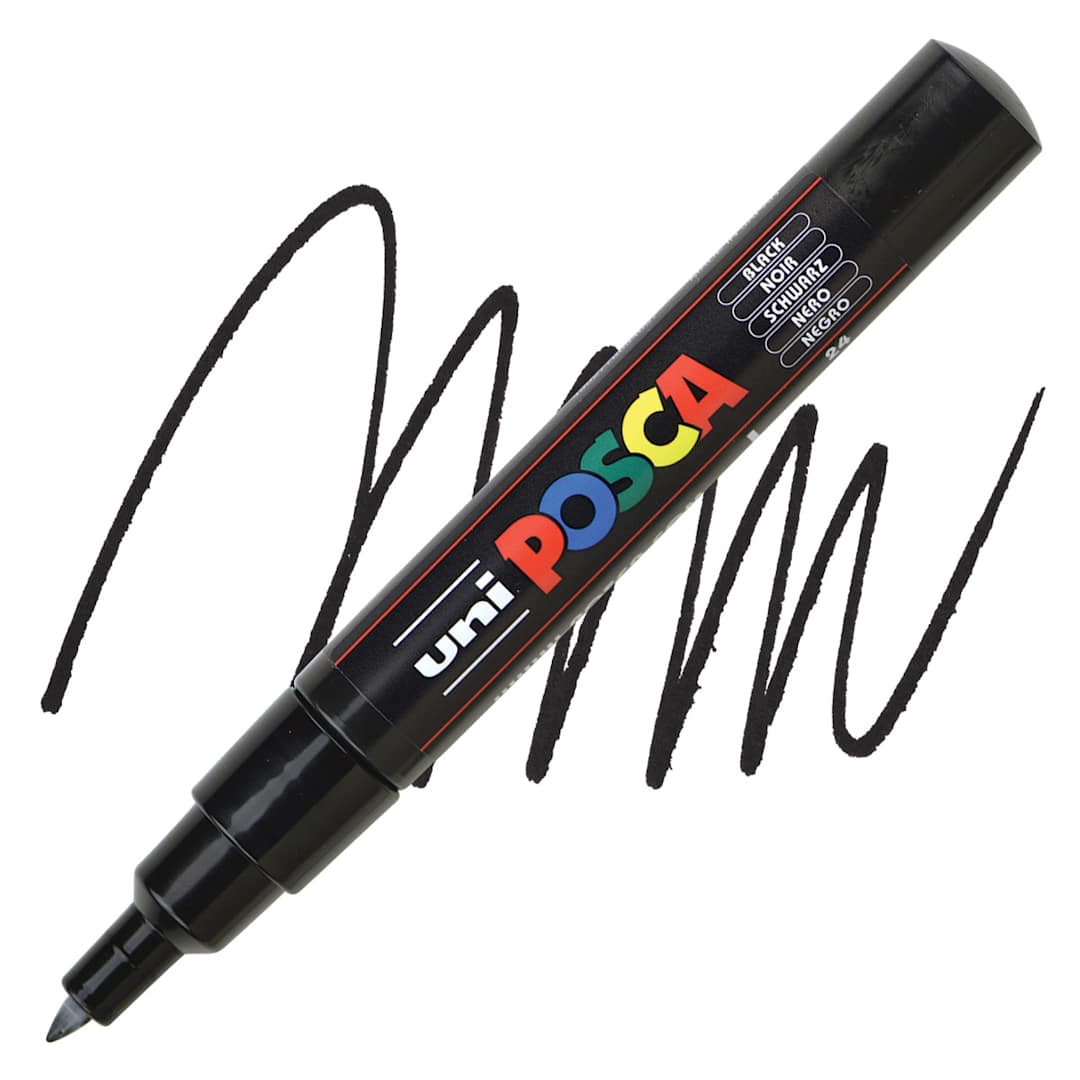 Open in modal - Posca Paint Marker - Black, X-Fine, Bullet Tip, 0.7 mm marker and swatch