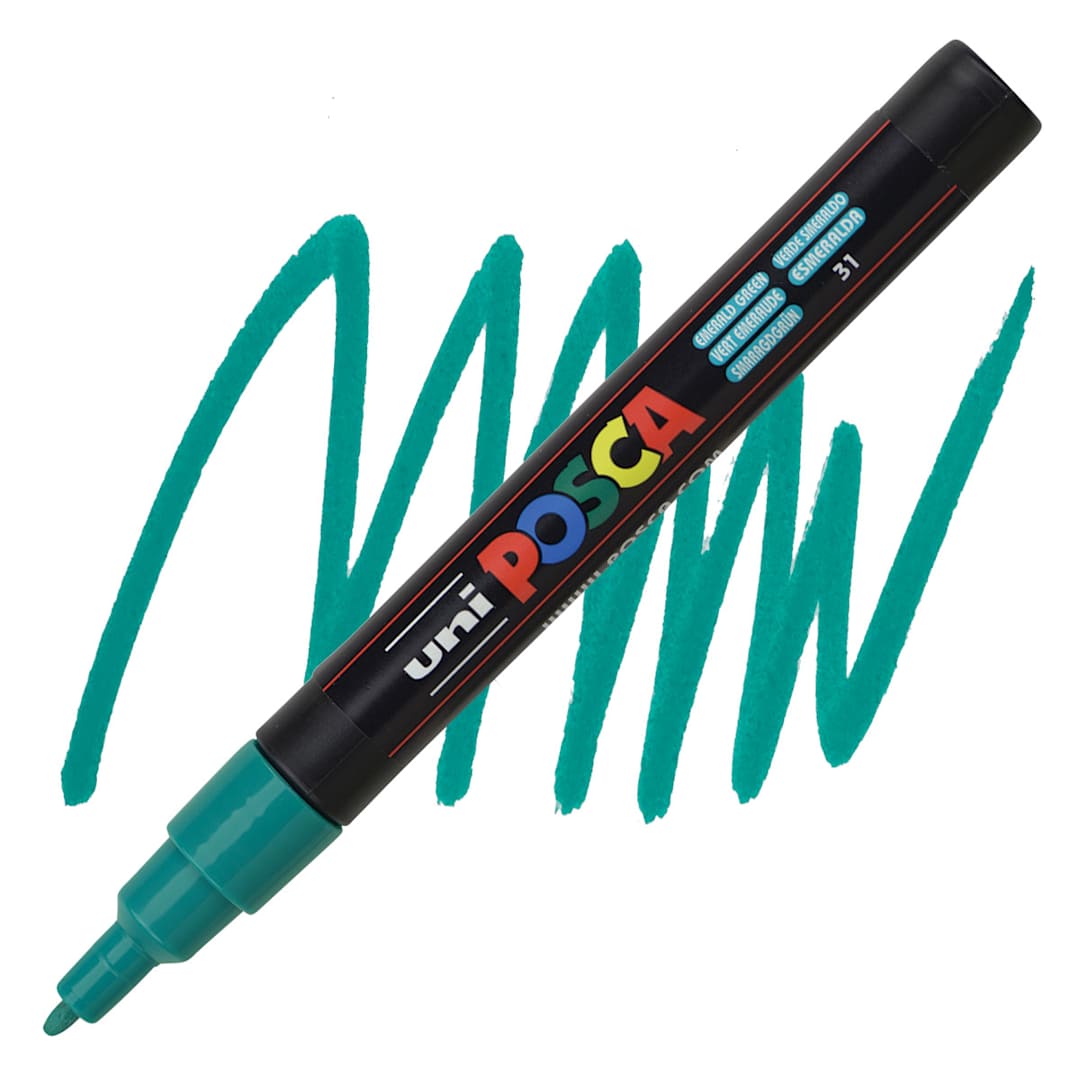 Open in modal - Posca Paint Marker - Emerald Green, Fine, Bullet Tip, 0.9 mm - 1.3 mm - marker and swatch