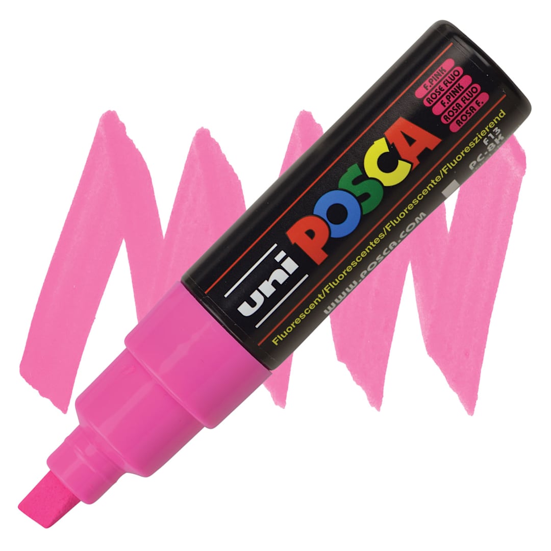 Open in modal - Posca Paint Marker - Fluorescent Pink, Broad Chisel Tip, 8 mm - marker and swatch