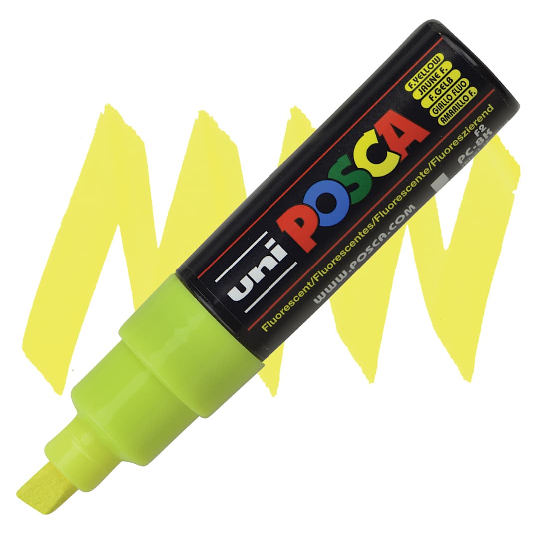 Open in modal - Posca Paint Marker - Fluorescent Yellow, Broad Chisel Tip, 8 mm - marker and swatch