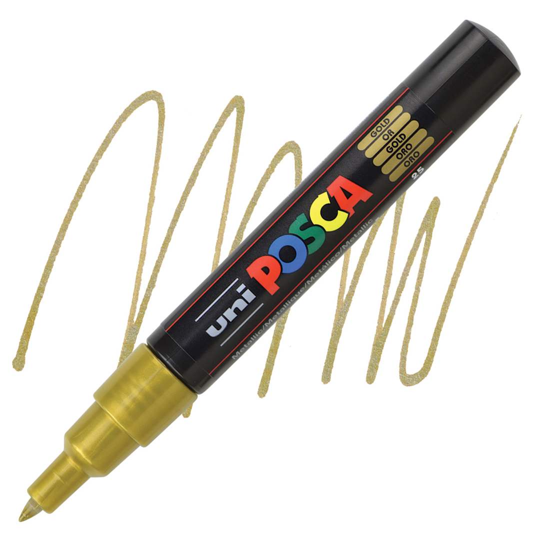 Open in modal - Posca Paint Marker - Gold, X-Fine, Bullet Tip, 0.7 mm - marker and swatch
