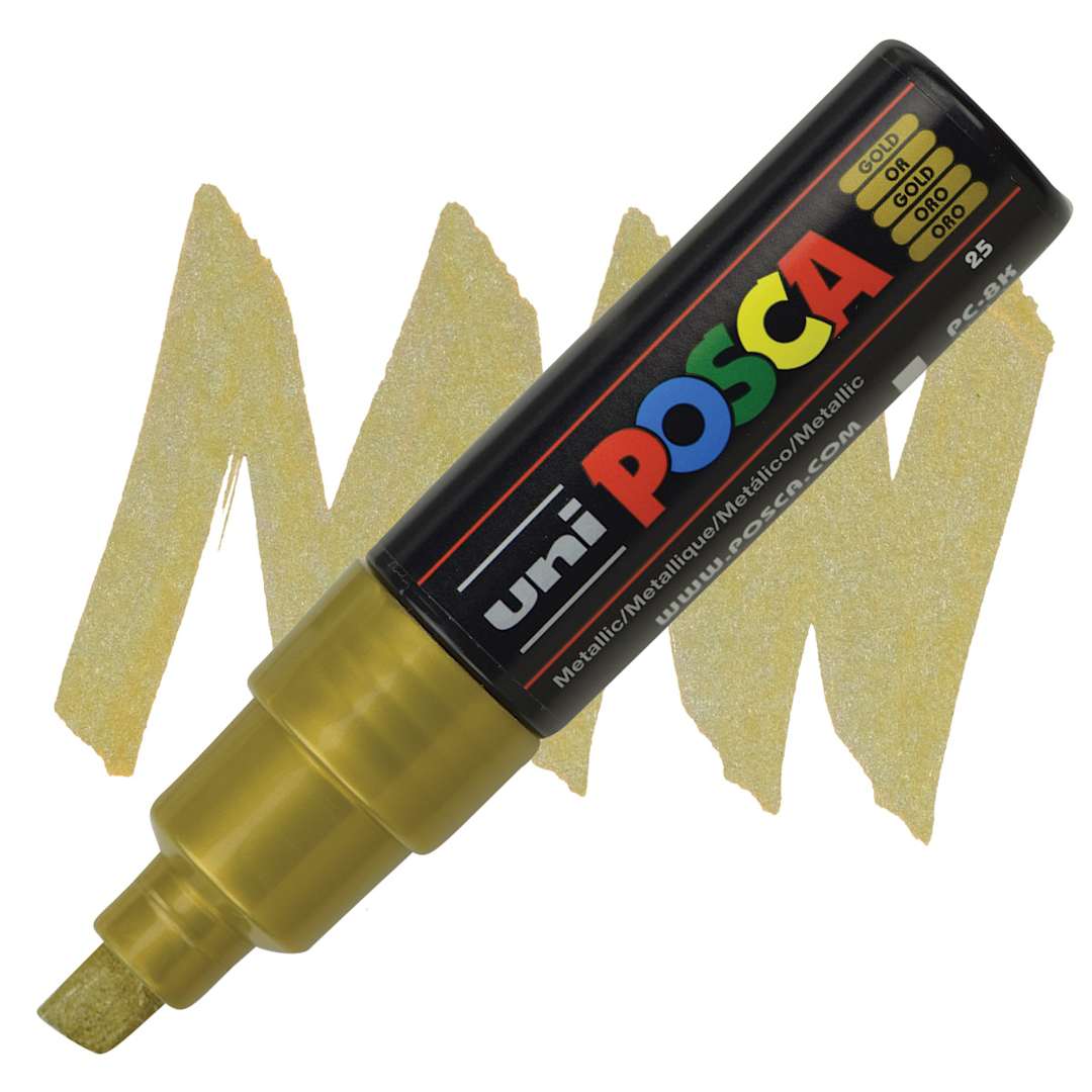 Open in modal - Uni Posca Paint Marker - Gold, Broad Chisel Tip, 8 mm marker and swatch