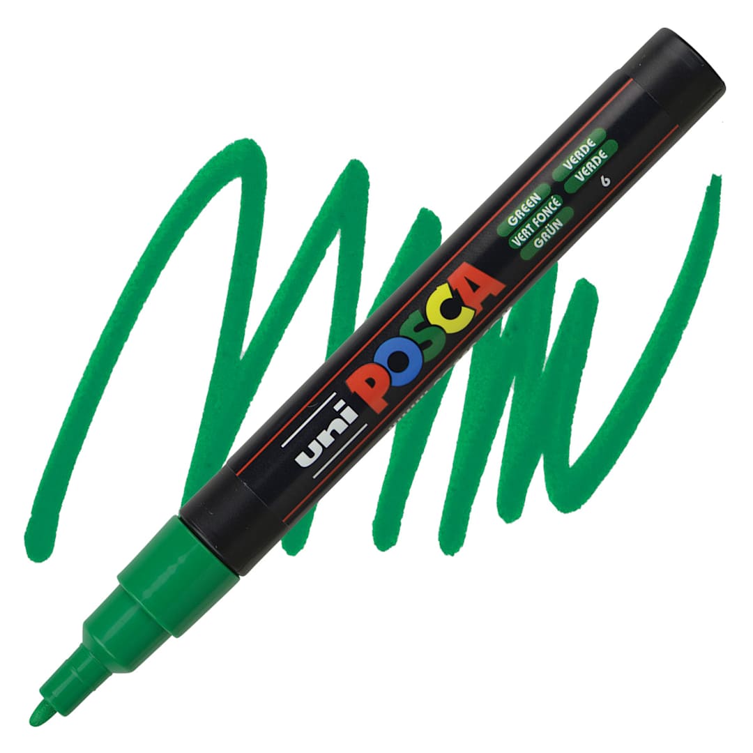 Open in modal - Posca Paint Marker - Green, Fine, Bullet Tip, 0.9mm-1.3mm marker and swatch