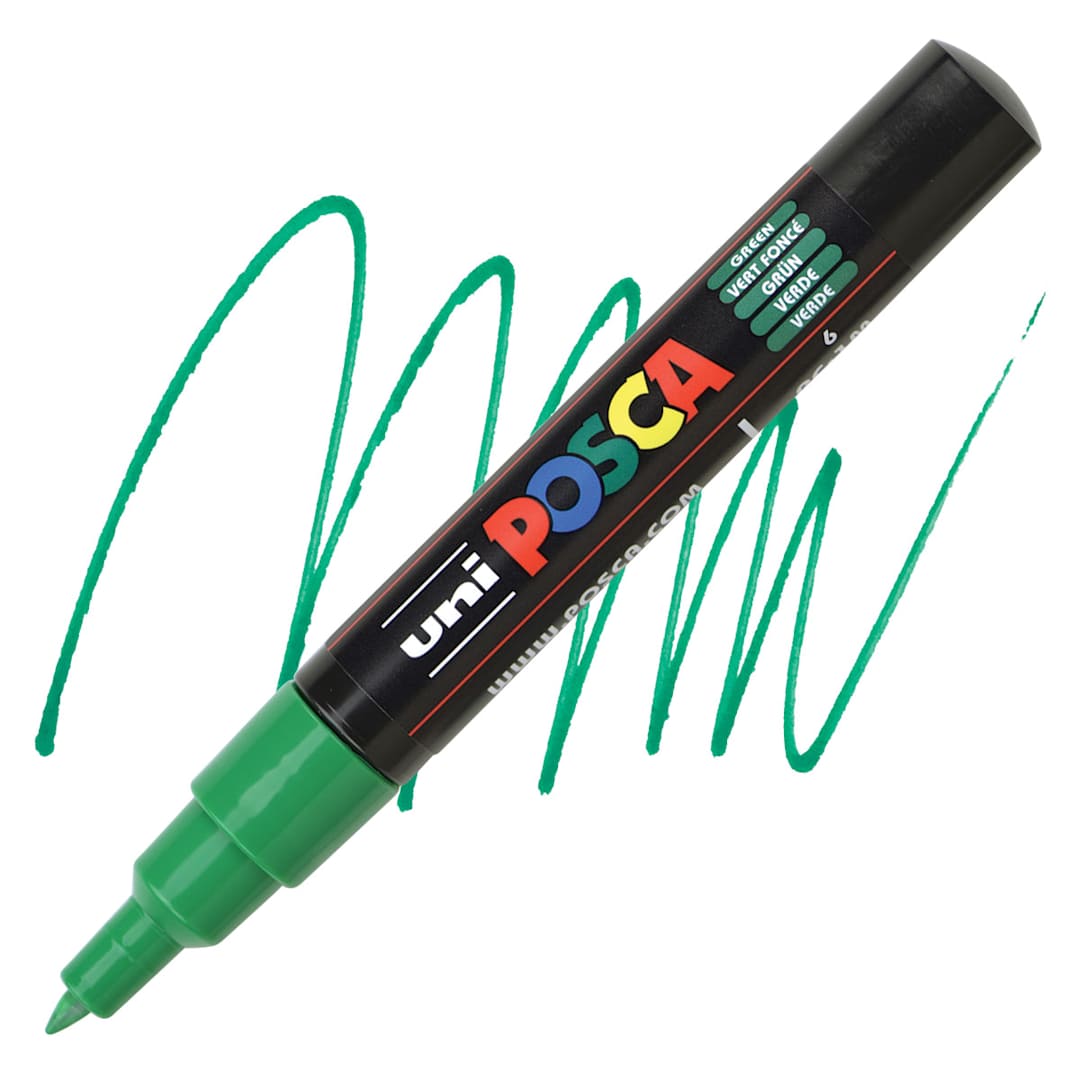 Open in modal - Posca Paint Marker - Green, X-Fine, Bullet Tip, 0.7 mm marker and swatch