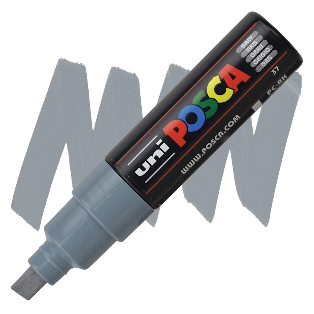 Open in modal - Posca Paint Marker - Grey, Broad Chisel, 8mm - marker and swatch