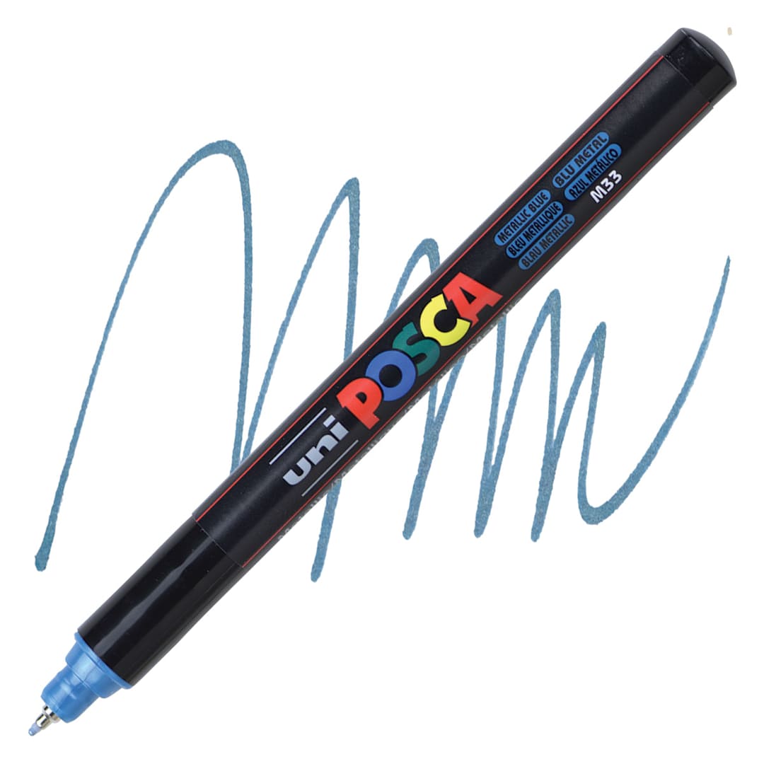 Open in modal - Posca Paint Marker - Metallic Blue, X-Fine Tip, 0.7 mm - marker and swatch