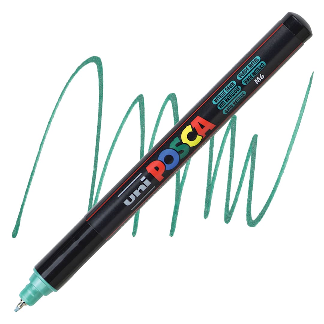 Open in modal - Posca Paint Marker - Metallic Green, X-Fine Tip, 0.7 mm - marker and swatch