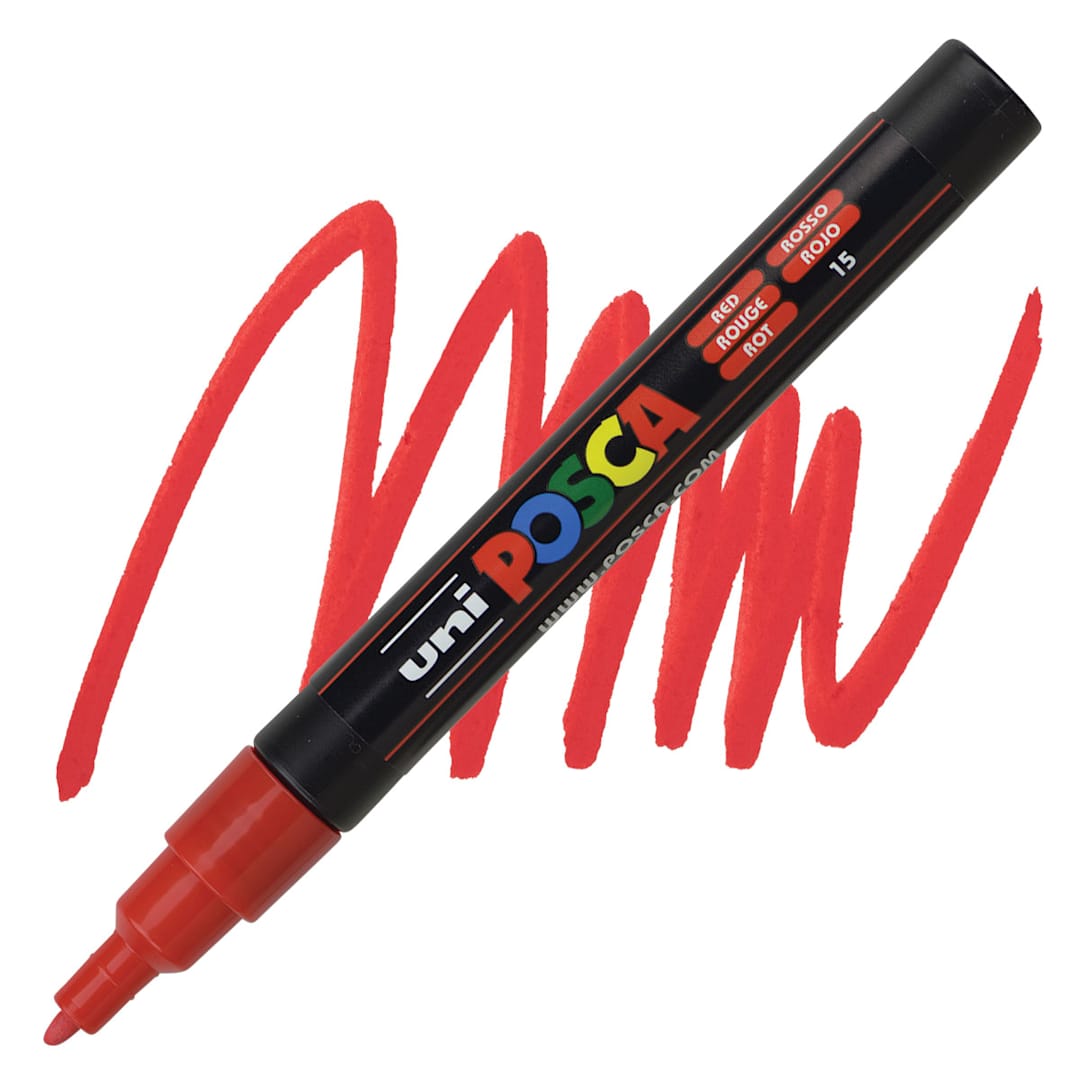 Open in modal - Posca Paint Marker - Red, Fine, Bullet Tip, 0.9 mm - 1.3 mm - marker and swatch