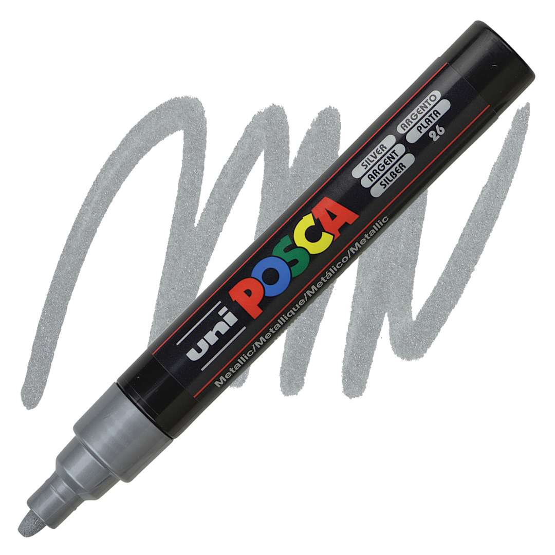 Open in modal - Uni Posca Paint Marker - Silver, Bullet Tip, 2.5 mm marker and swatch