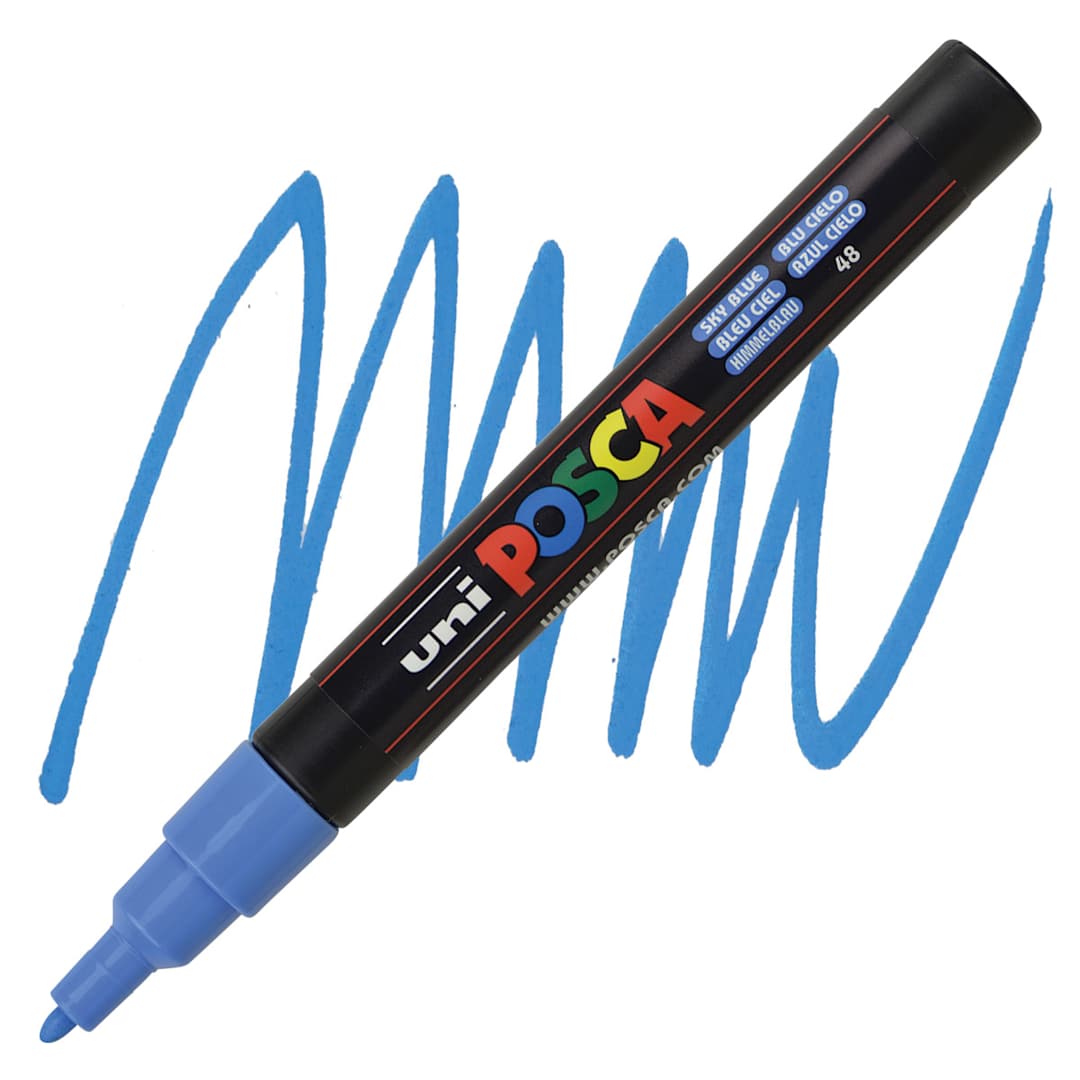 Open in modal - Uni Posca Paint Marker - Sky Blue, Fine, Bullet Tip, 0.9mm-1.3mm marker and swatch
