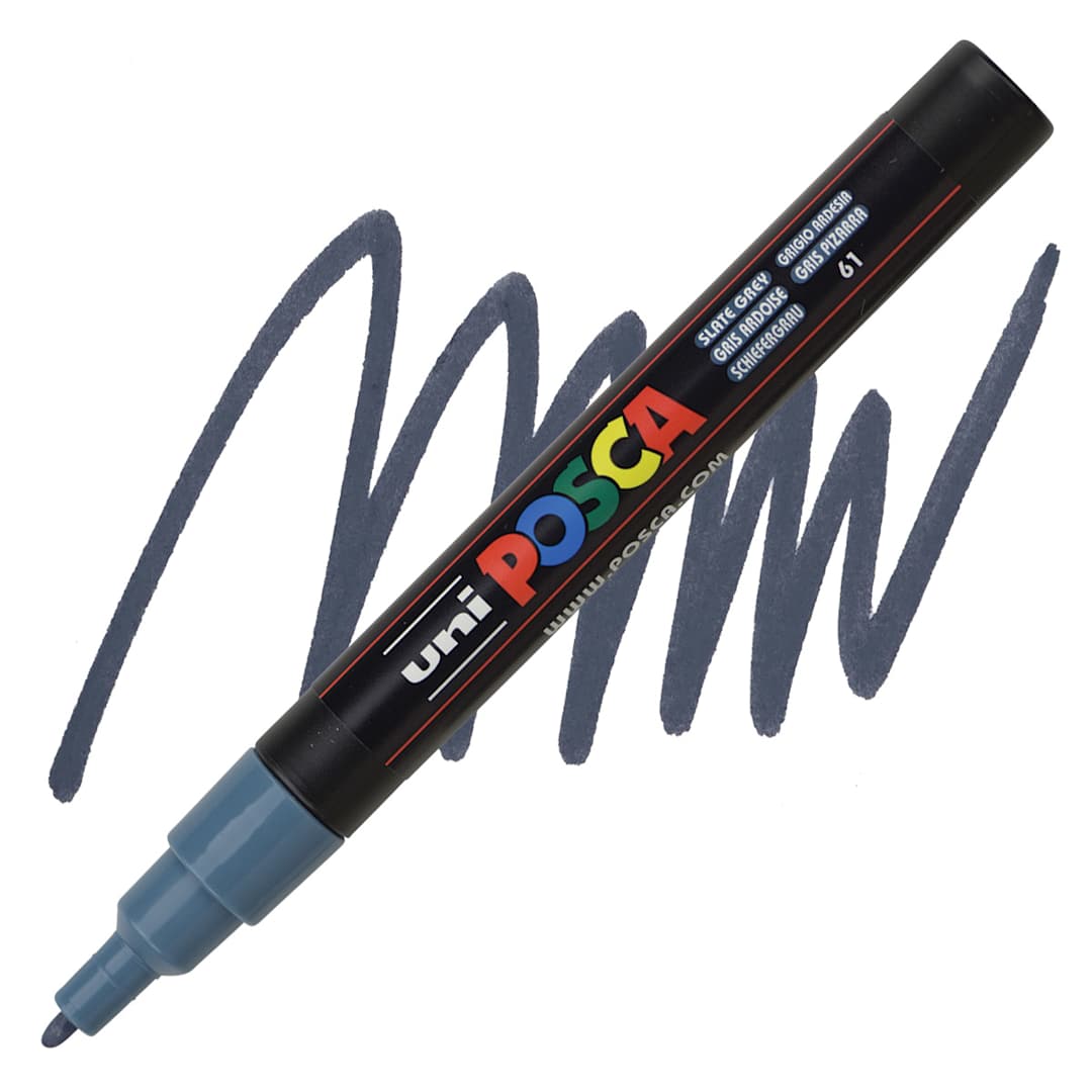 Open in modal - Uni Posca Paint Marker - Slate Grey, Fine, Bullet Tip, 0.9mm-1.3mm marker and swatch