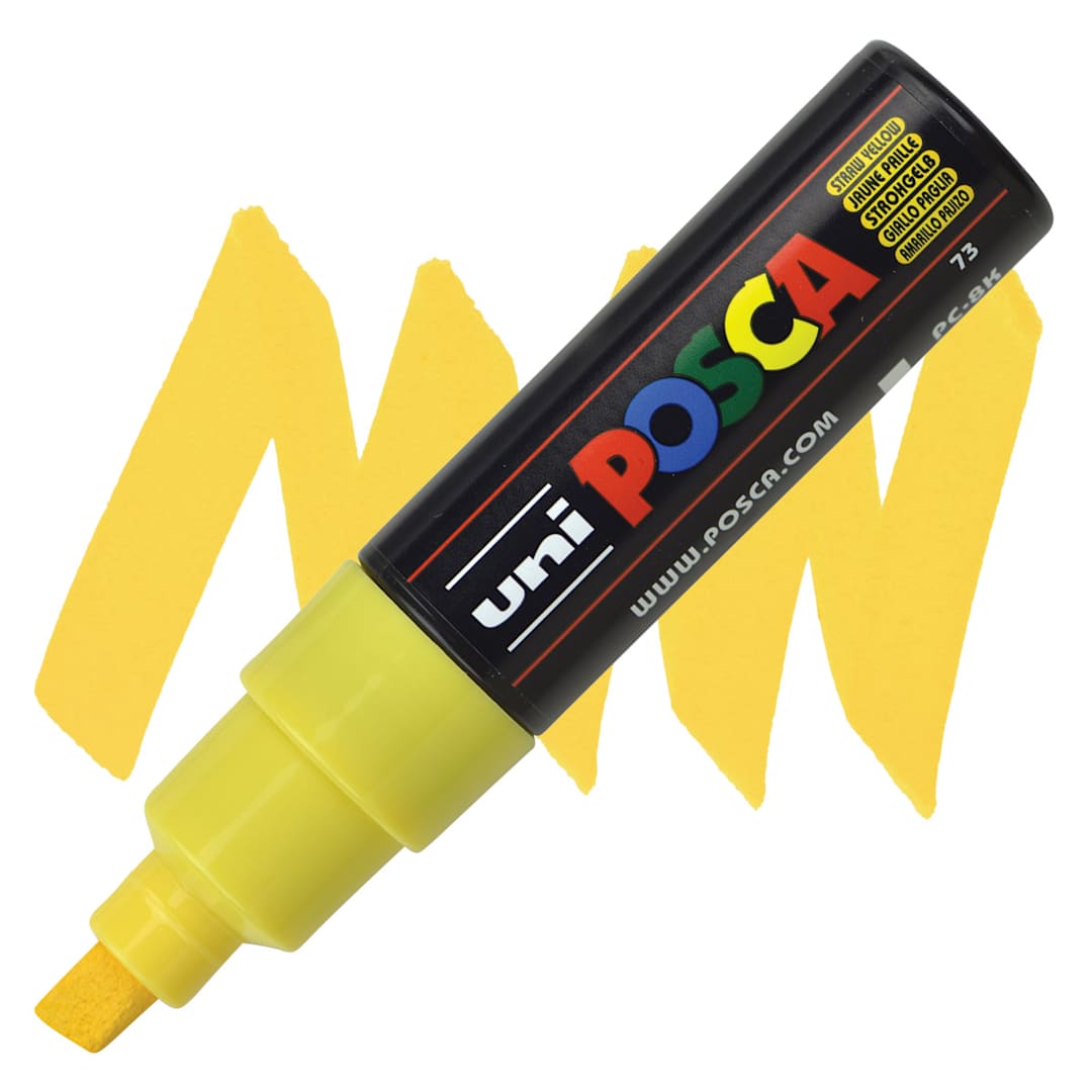 Open in modal - Uni Posca Paint Marker - Straw Yellow, Broad Chisel Tip, 8 mm marker and swatch