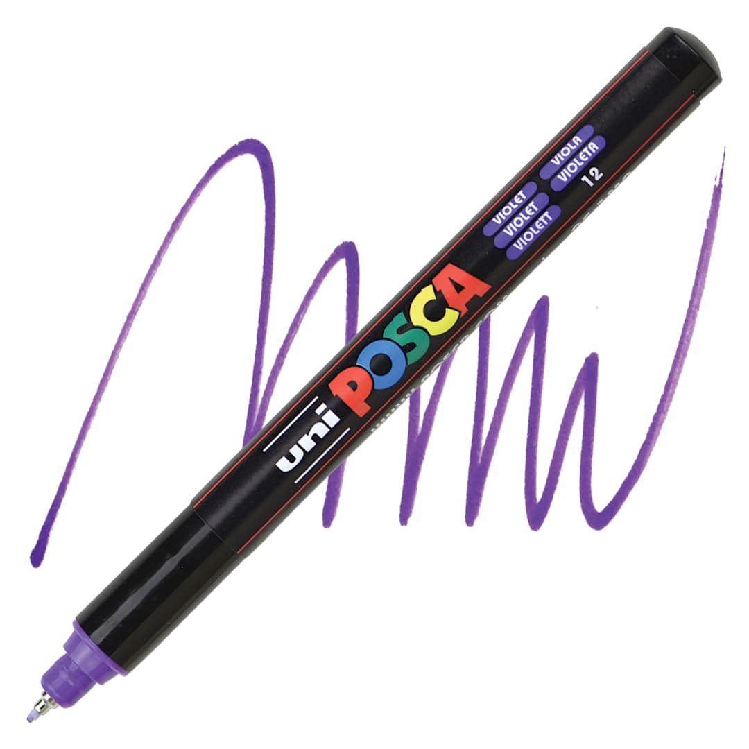 Open in modal - Uni Posca Paint Marker - Violet, X-Fine Tip, 0.7 mm marker and swatch