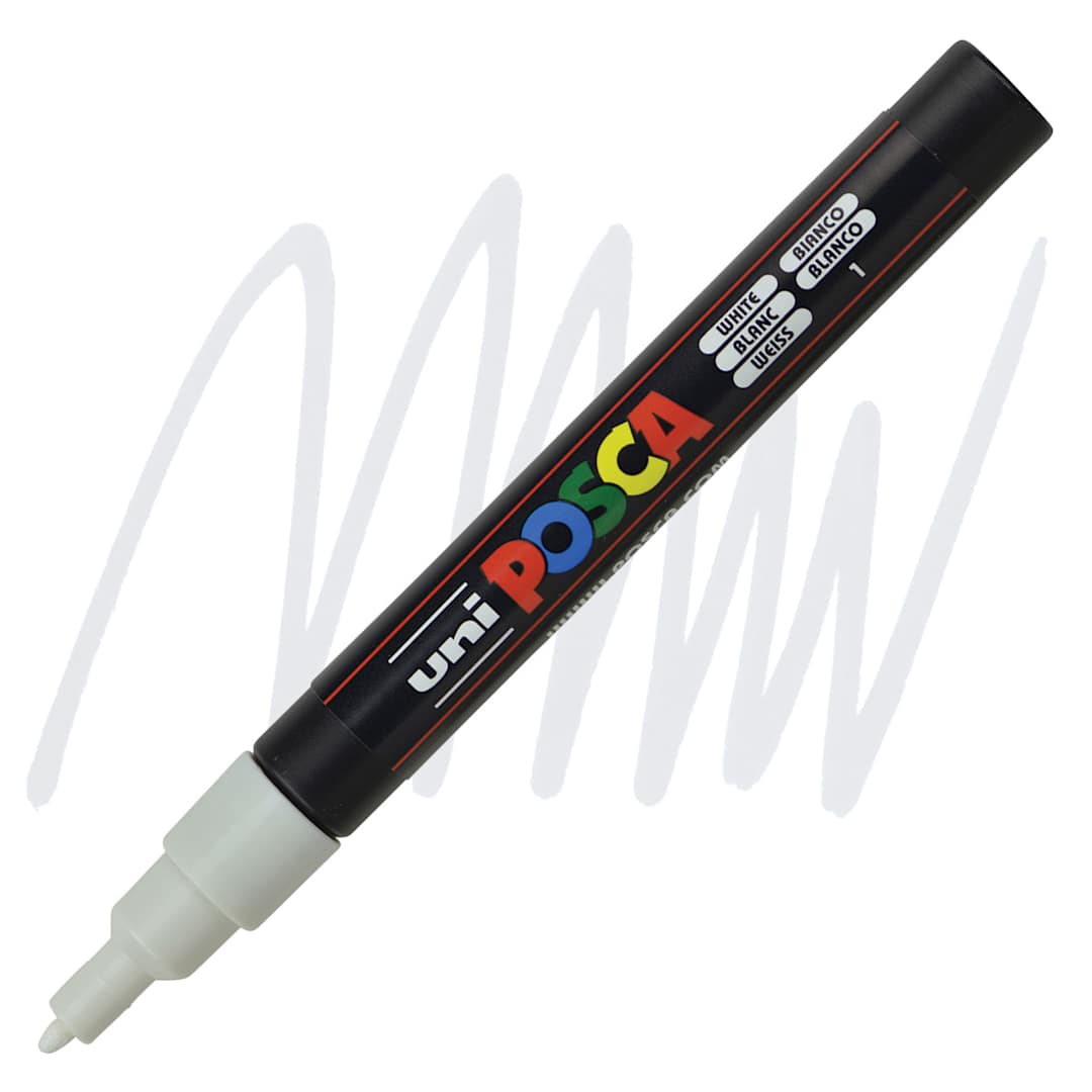 Open in modal - Uni Posca Paint Marker - White, Fine, Bullet Tip, 0.9mm-1.3mm marker and swatch