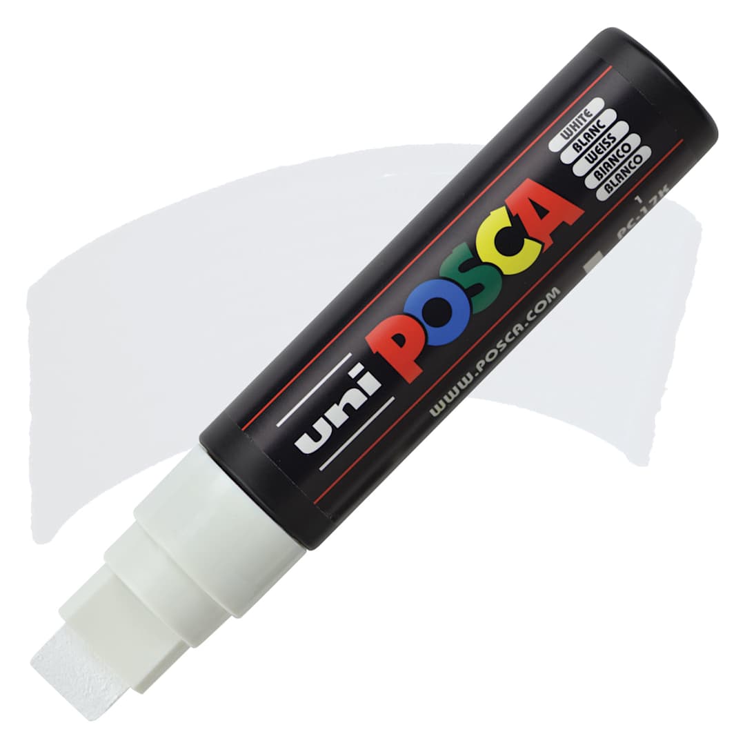Open in modal - Uni Posca Paint Marker - White, Extra Broad Chisel, 15 mm marker and swatch