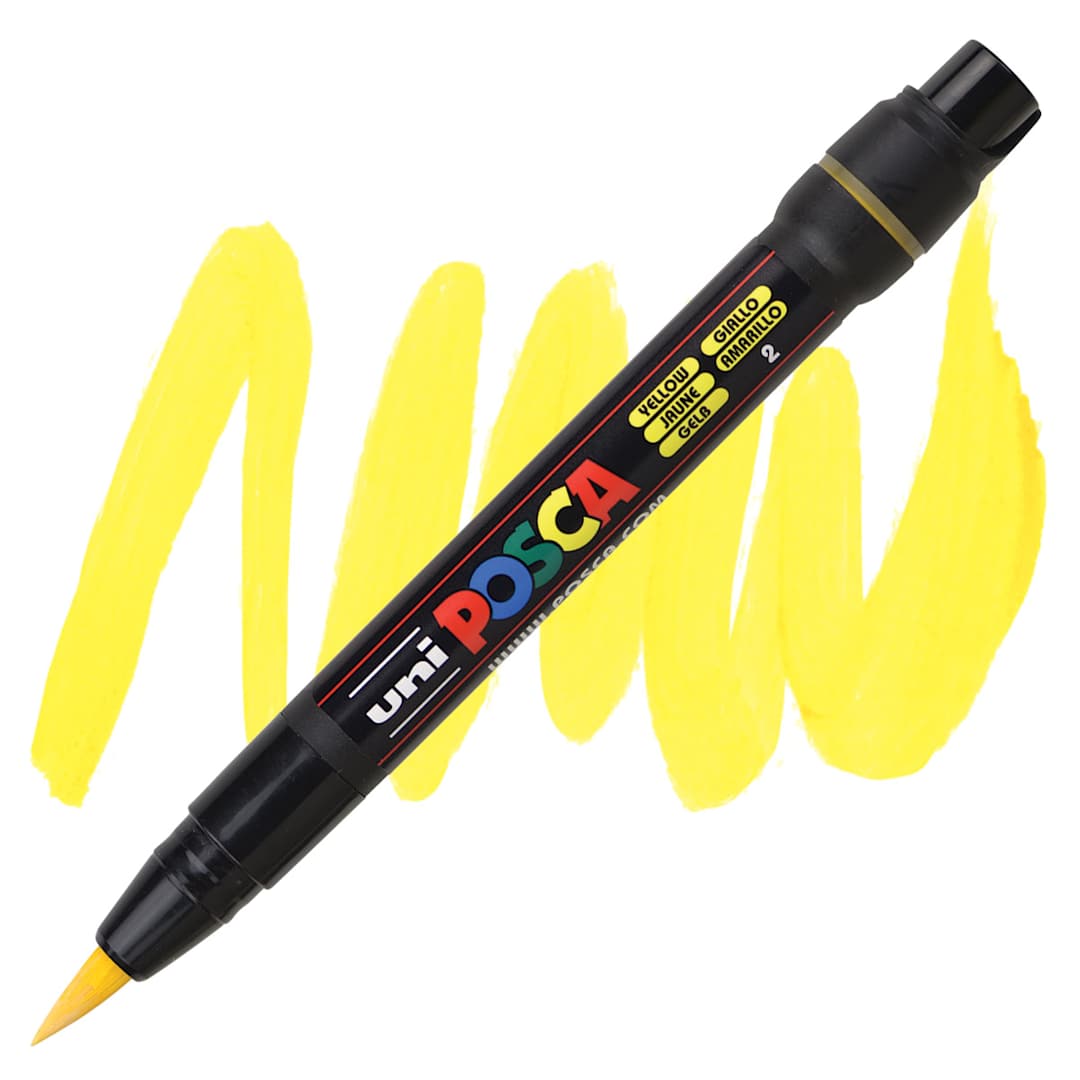 Open in modal - Uni Posca Paint Marker - Yellow, Brush Tip marker and swatch