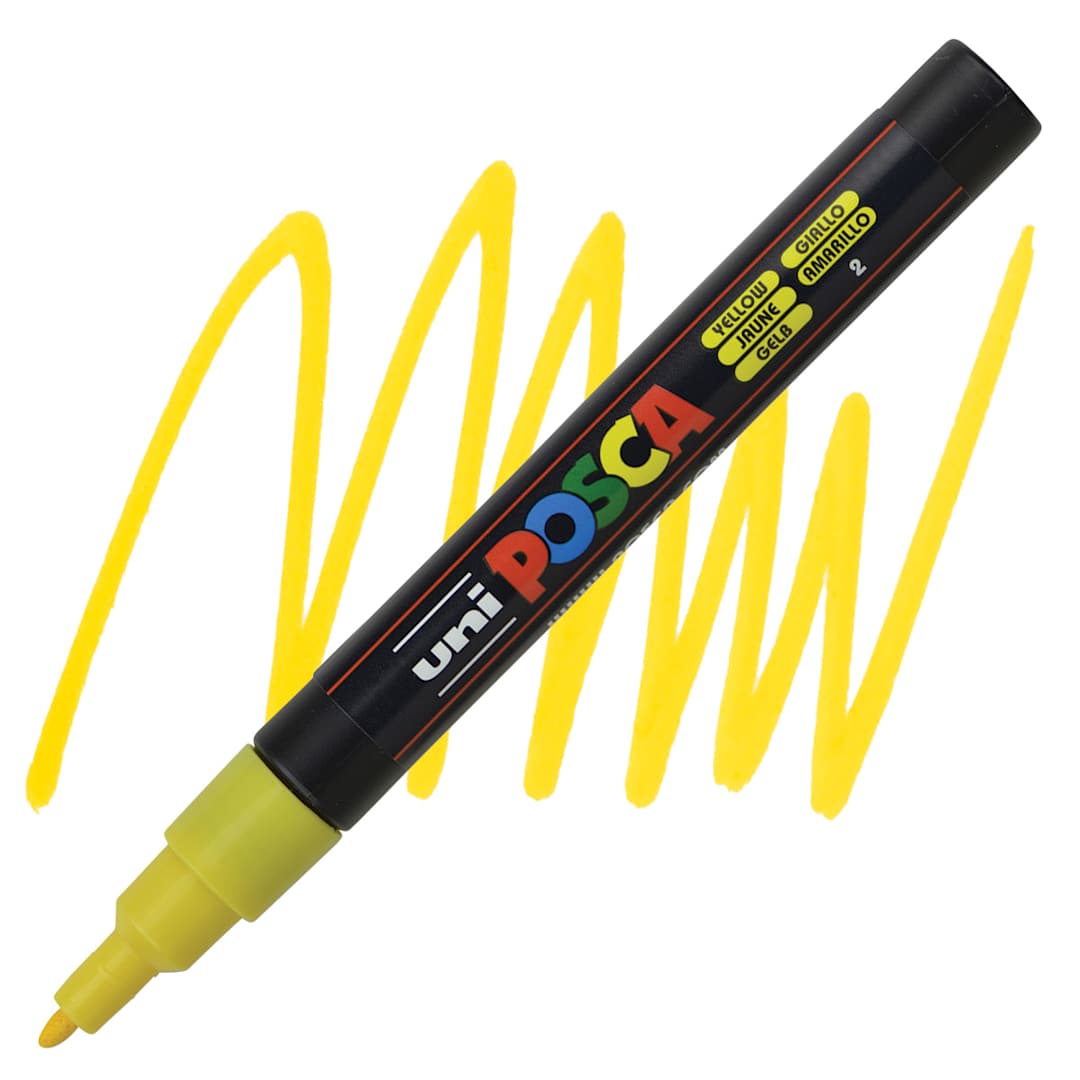 Open in modal - Uni Posca Paint Marker - Yellow, Fine, Bullet Tip, 0.9mm-1.3mm marker and swatch