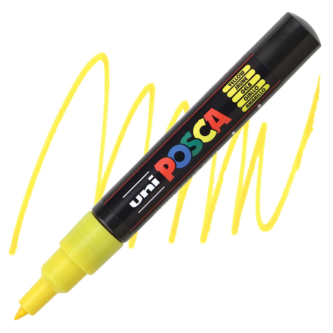 Open in modal - Uni Posca Paint Marker - Yellow, X-Fine, Bullet Tip, 0.7 mm marker and swatch