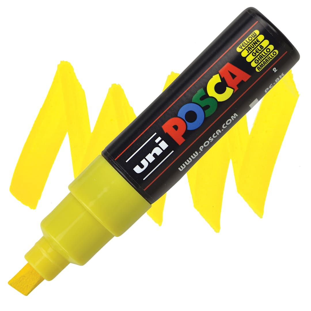 Open in modal - Uni Posca Paint Marker - Yellow, Broad Chisel Tip, 8 mm marker and swatch