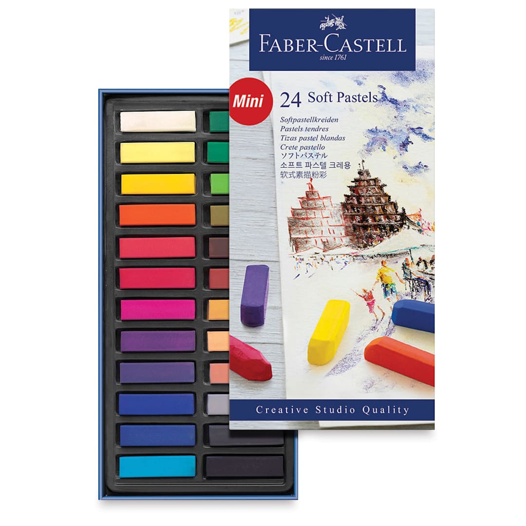 Open in modal - Faber-Castell Goldfaber Studio Soft Pastels - Assorted Colors, Set of 24 (set contents and front of packaging)