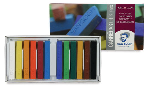 Open in modal - Van Gogh Hard Pastels - Set of 12 pastels shown in tray with package cover adjacent