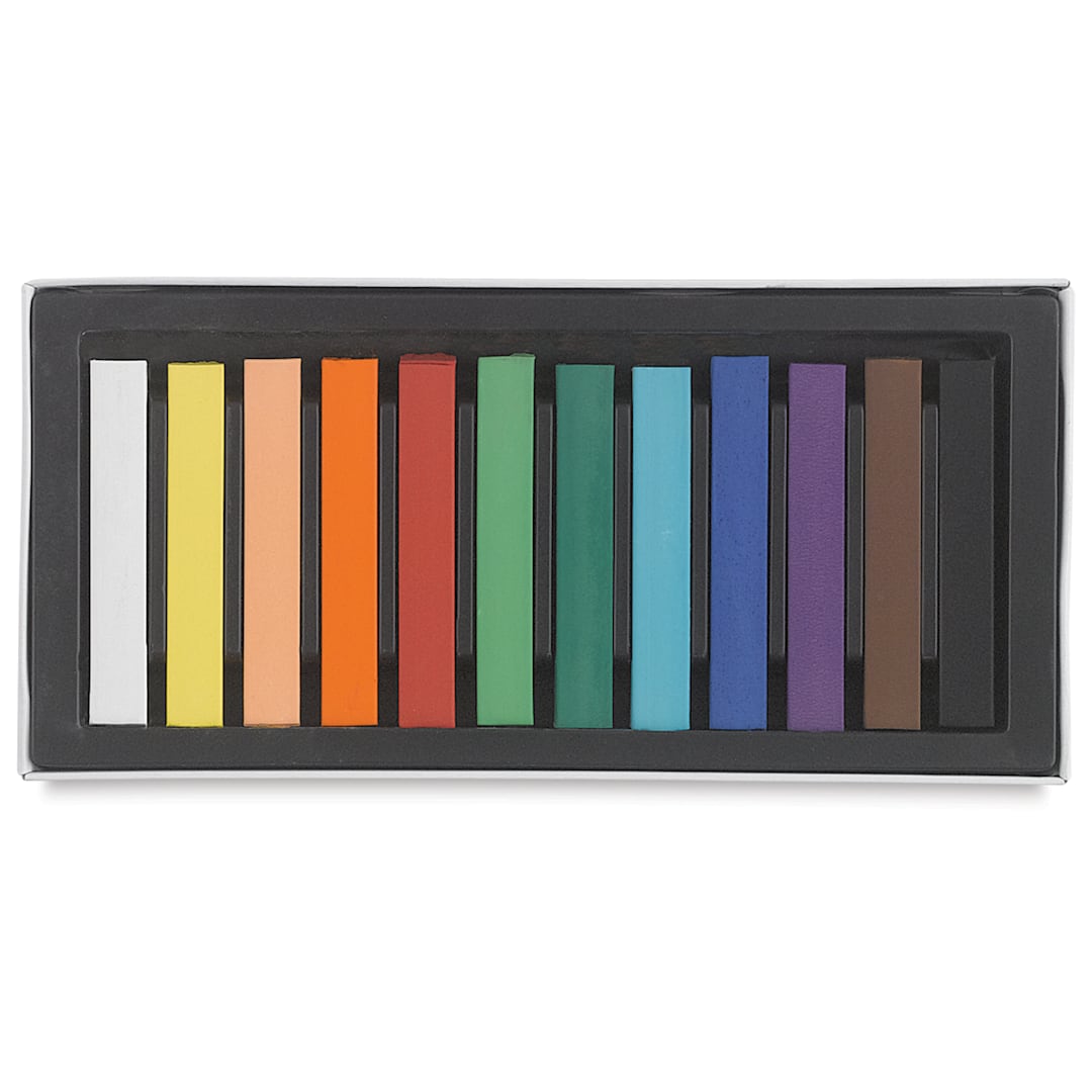 Open in modal - Blick Studio Pastels - Assorted Colors, Set of 12. Open tray of pastels in one row.