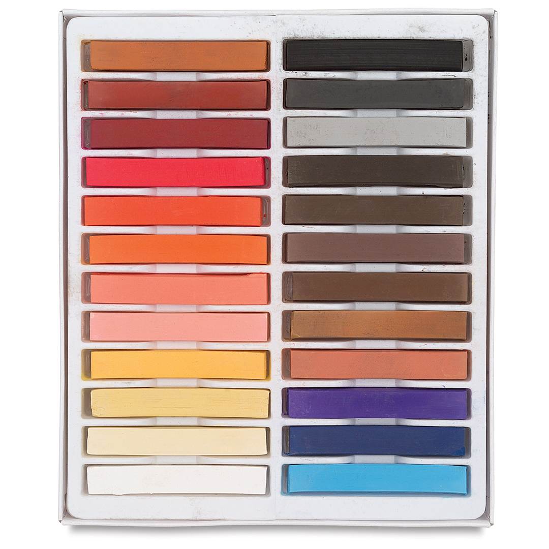 Open in modal - Blick Studio Pastels - Portrait Colors, Set of 24 Colors. Open tray of pastels in two rows.